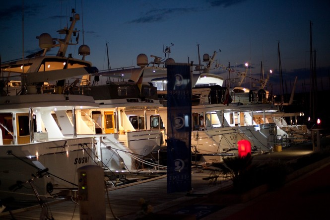 Beautiful Selene yachts anchored at Marina Punat by night