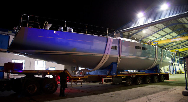 Luxury yacht Feelin Good leaving her shed