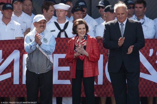 Top right: San Francisco Mayor Edwin M. Lee, Lucy M. Jewett and Regatta Director Iain Murray (left to right) at the Opening Ceremony for the 2013 America's Cup. 