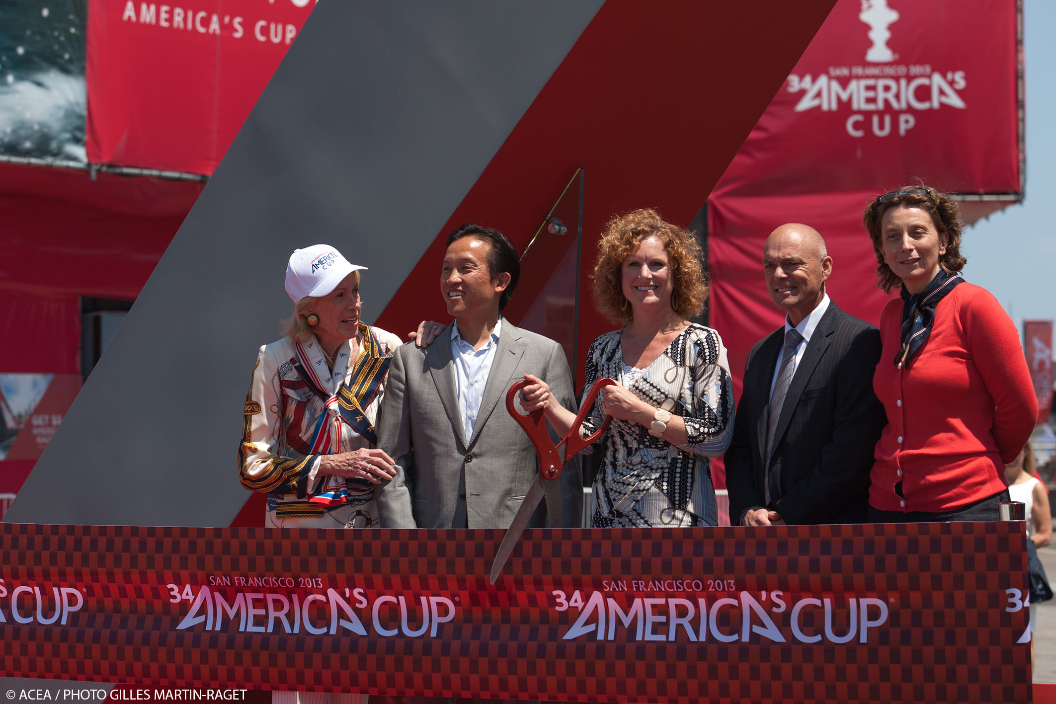 Bottom right: Charlotte Schultz, David Chiu, Monique Moyer, Stephen Barclay and Valérie Chapoulaud (left to right) at the ribbon-cutting ceremony to open the America's Cup Park, at Piers 27/29.