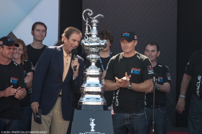 Bottom left: Opening Ceremony emcee Ted Robinson (left) and ORACLE TEAM USA skipper Jimmy Spithill talk about the America's Cup. 