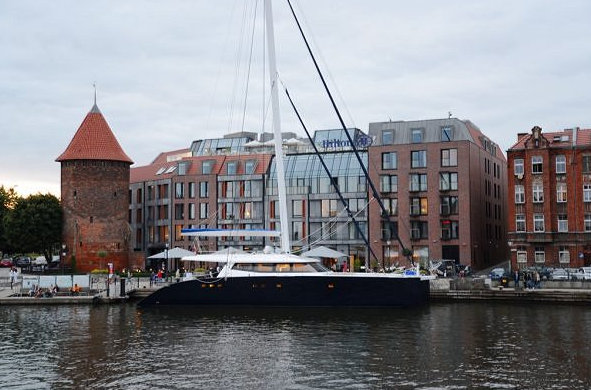 Superyacht LEVANTE in front of the Hilton Hotel in Gdansk
