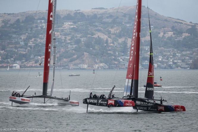 Emirates Team New Zealand leads Luna Rossa around the first reach mark in a race on July 28, won by the Kiwis