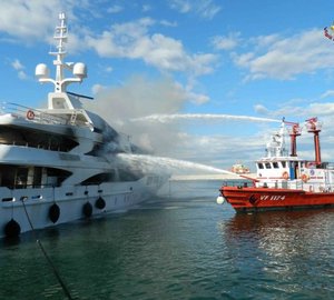 Photos of the 56m Benetti superyacht FB261 damaged in fire