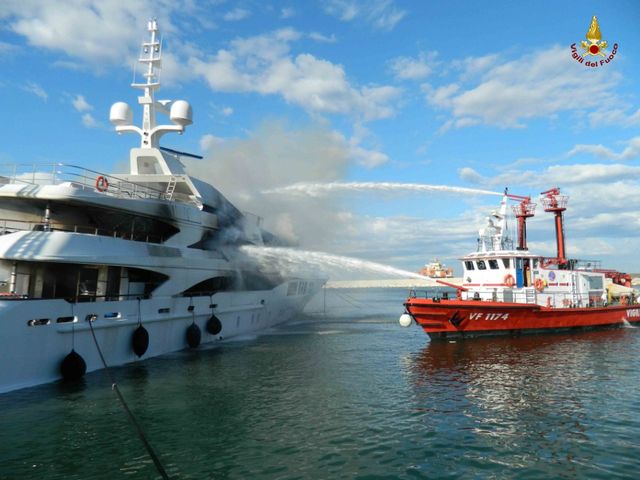 Firefighters extinguishing fire aboard FB261 superyacht by Benetti
