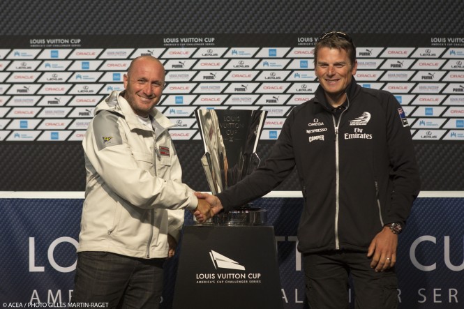 Max Sirena (left) and Dean Barker shake hands in front of the Louis Vuitton Cup