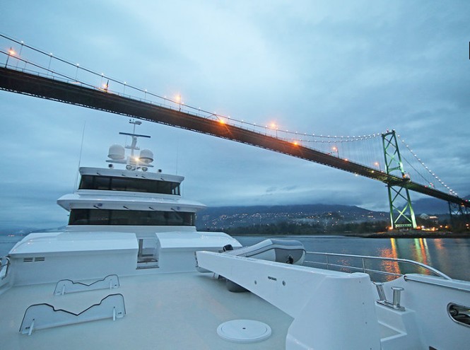 N120 luxury yacht Aurora arriving in Vancouver, Canada