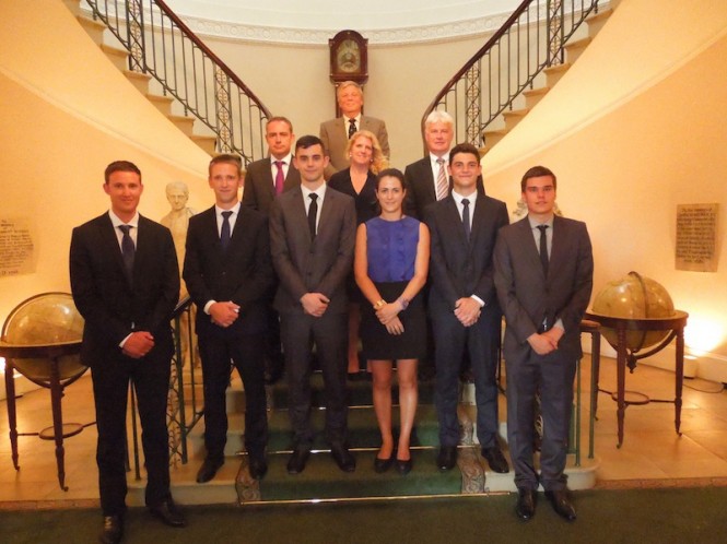 Trinity House HQ in London show:  Back row -Captain Nigel Hope, RD RNR, Trinity House.  Middle row left to right- Richard Thornton CEO UKSA, Emma Baggett UKSA Cadetship Manager, Don Millar Operations Director Chiltern Maritime.   Front row (the six successful cadets, left to right) – Ed Craze and Jason Sivyer from New Milton, Hampshire, Thomas Higgins from London SW1, Virginia Keig from the Isle of Man, Jake Howard from Ipswich  and Alex Liddell from Rawtensall, Lancashire.