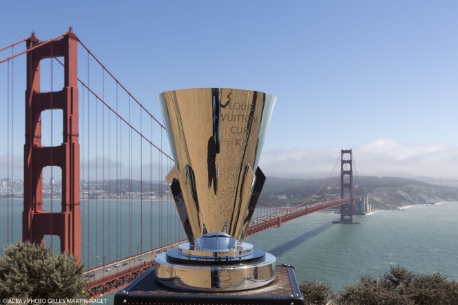 The Louis Vuitton Cup, contested since 1983, is framed by the Golden Gate Bridge