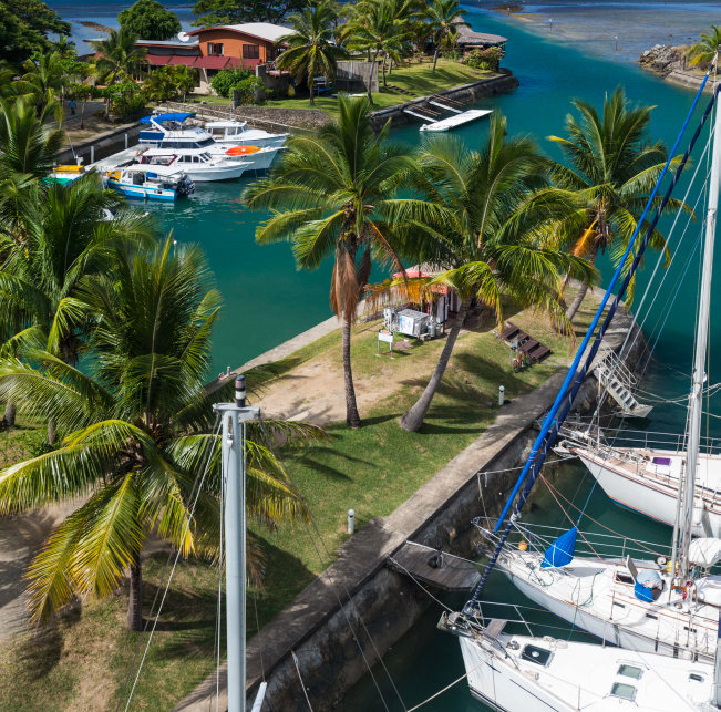 View of the Boarding Station Floating Pontoon and Entrance Channel into Vuda Marina – photo by Tor Johnson Photography