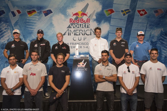 Red Bull Youth America's Cup - Opening Press conference, Top : Romand Hagara (Sport Director), Jason Waterhouse (AUS), Arthur Ponroy (FRA), Philip Buhl (GER), Peter Burling (NZL), Hans Peter Steinacher (Sport Director). Bottom:  Antonio Mello (POR), William Tiller (NZL), Charlie Ekberg (SUE),  Lucien Cujean (SUI), Michael Menninger (USA), Charlie Buckingham (USA).