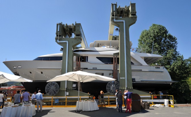 Luxury yacht Minu at launch - side view