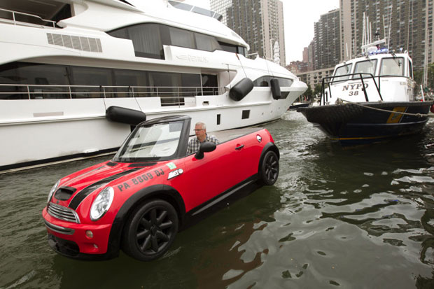 A floating Mini spotted navigating around the marina