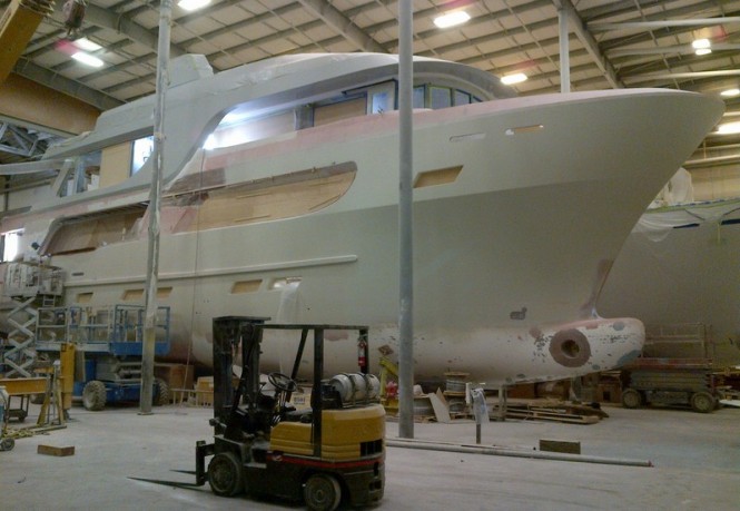 Blood Baron Yacht with DuraShield Heated Marine Glass under construction at Northern Marine