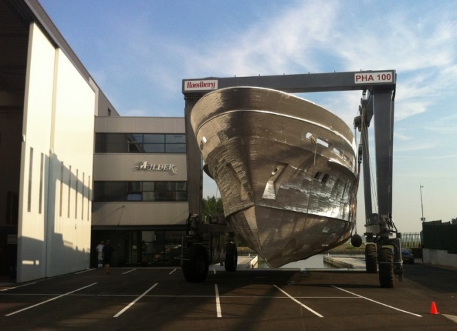 Hull of motor yacht Mulder 94 Voyager arriving at Mulder Shipyard Hull of motor yacht Mulder 94 Voyager arriving at Mulder Shipyard