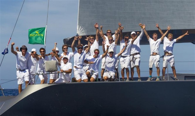 Superyacht J-One and crew members celebrate their win in the Wally Class