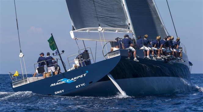 Superyacht Magic Carpet 3 reveals her twin rudder configuration as she heads upwind