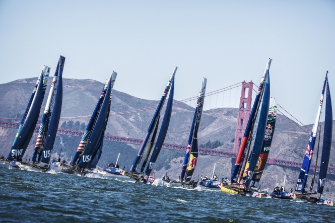 AC45 sailboats compete during the last race of the Red Bull Youth Americas Cup in San Francisco, California on September 4, 2013
