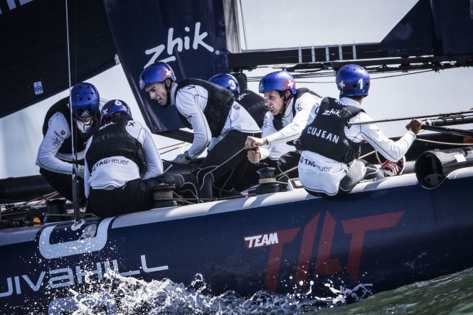 Members of Team Tilt of Switzerland compete during the last race of the Red Bull Youth Americas Cup in San Francisco, California on September 4, 2013