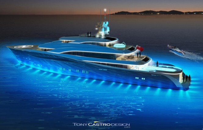 65m Tony Castro motor yacht project by night