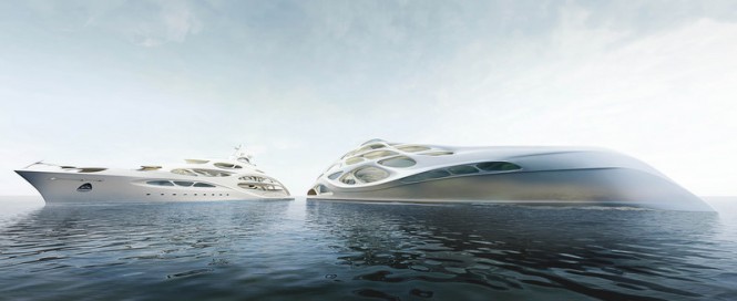 The 90m (left) and 128m mothership (right) superyacht concepts from Zaha Hadid and Blohm + Voss