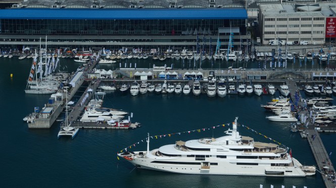 Aerial view of the 2013 Genoa Boat Show with the CRN 129 mega yacht CHOPI CHOPI on display