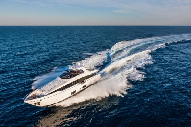Luxury superyacht Ferretti 960 being displayed at the 2013 Genoa Boat Show