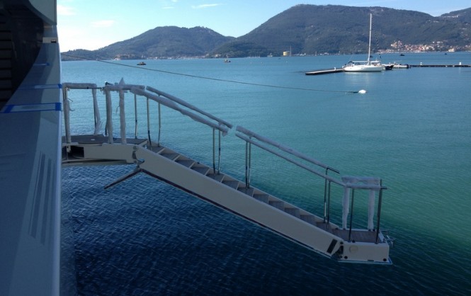 Motor yacht Grace E - the 10.75-meter passerelle deployed Motor yacht Grace E - the 10.75-meter passerelle deployed