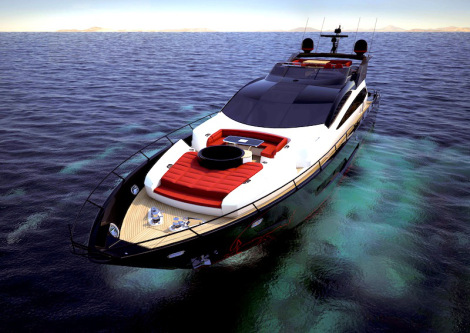 a CGI view of the Sunseeker 101 Sport Yacht bow shows the customised foredeck spa pool and large sunbathing area