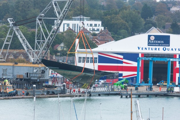 Lifting of the 52m classic sailing yacht K1 Britannia at Venture Quays in the UK