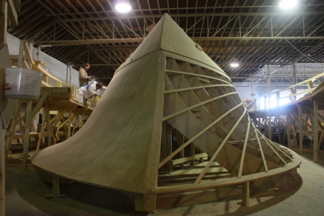 Luxury yacht Blank Check (hull 60) under construction at Jarrett Bay