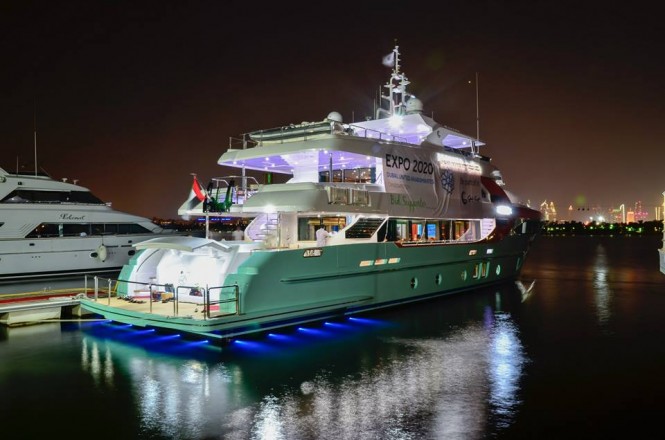 Majesty 135 superyacht by night