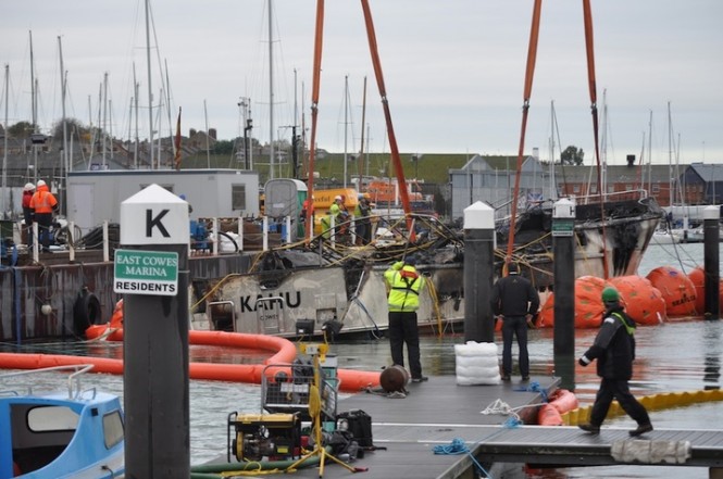Salvage operation of Nordhavn 76 Yacht Kahu - Image courtesy of Cowes Harbour Commission