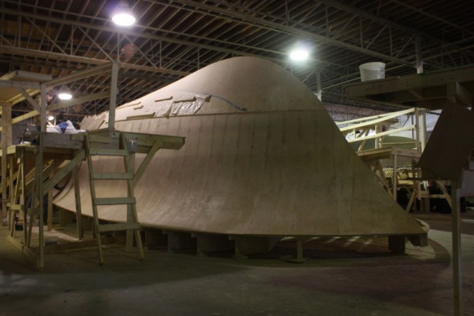 Superyacht Blank Check (hull 60) - First layer of side planking complete on one side