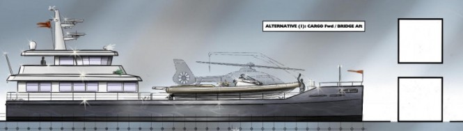 Alternative 1: Explorer styled with the place for tender, toys and helicopter on the fore deck.