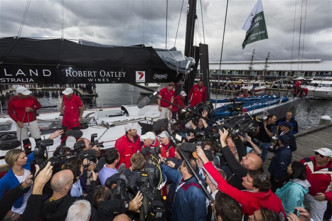 Media gathered in Hobart for the arrival of Wild Oats XI Yacht - Line honours and overall winner in 2012 - Photo by Rolex Carlo Borlenghi