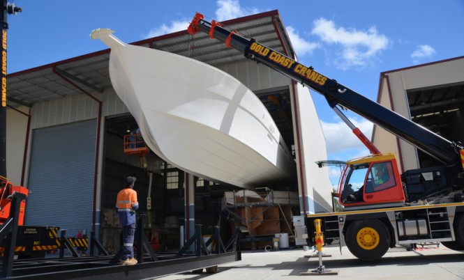 It was a very delicate operation as the 75 hull was lifted from the mould by two 50 tonne cranes