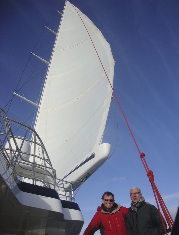 Ron Holland and Mike Carr, joint managing director of Pendennis Shipyard on deck of the M5 Yacht during Sailing Trials