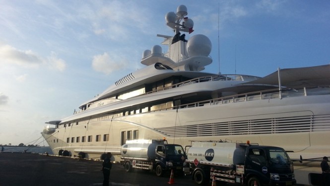 Luxury superyacht docked in the marina in Indonesia
