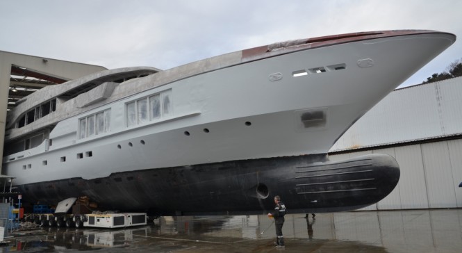 Superyacht C24 1 (M54) leaving her shed at Mondo Marine