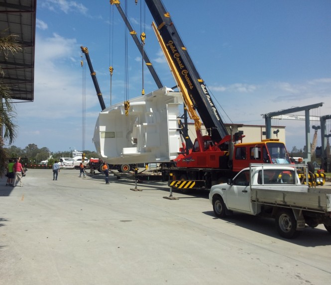 The deck of Riviera 75 Enclosed Flybridge hull number two was recently released from the mould