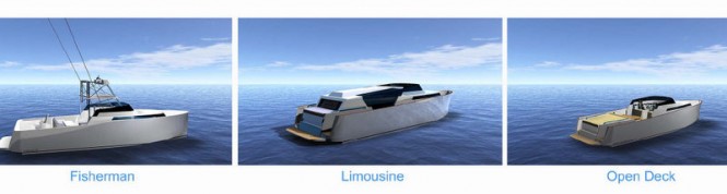 Different versions of Project HYBRID 33 designed by GreenYachts