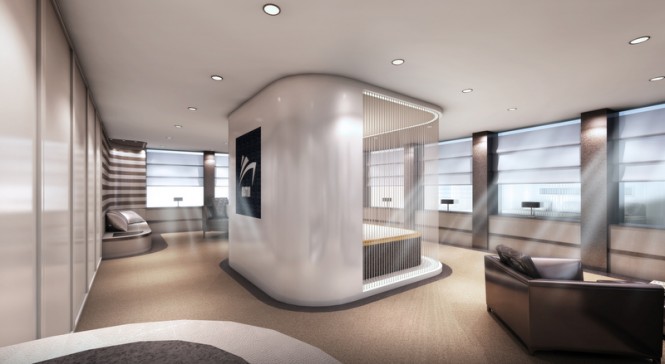 Owners Suite with logo of Austin Yacht Concept