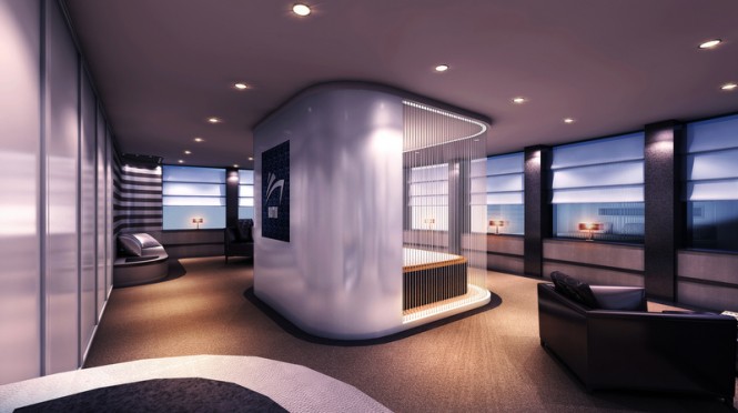 Owners Suite with logo of Austin Yacht Concept by night