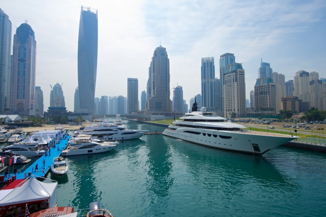 88m Lurssen mega yacht QUATTROELLE on display at the 2014 Dubai Boat Show