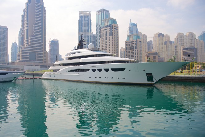 Mega yacht Quattroelle on display at the 2014 Dubai Boat Show