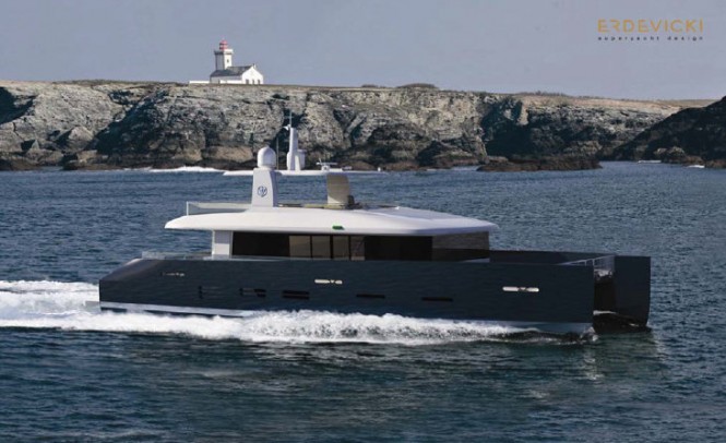 Open fly-bridge version of superyacht KingCAT 80 design at a full stretch