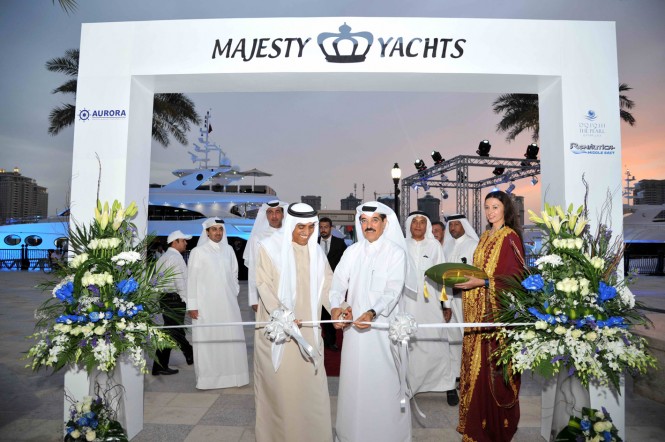 Qatar’s Minister of Culture, Dr. Hamad Abed Al Aziz Al Kuwari with the Chairman of Gulf Craft Mohammed Alshaali at the grand opening in 2013