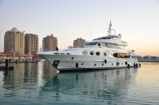 Superyacht Majesty 125 arriving at the Pearl Marina in Qatar for the exclusive preview in 2013