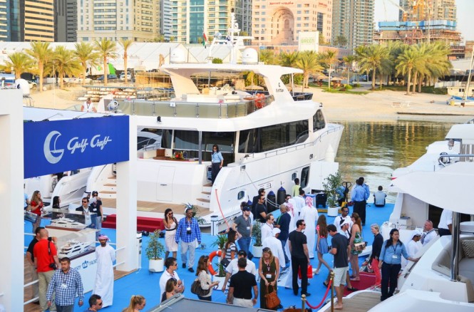Visitors waiting in cue to view the latest Majesty Yachts models at the Dubai International Boat Show